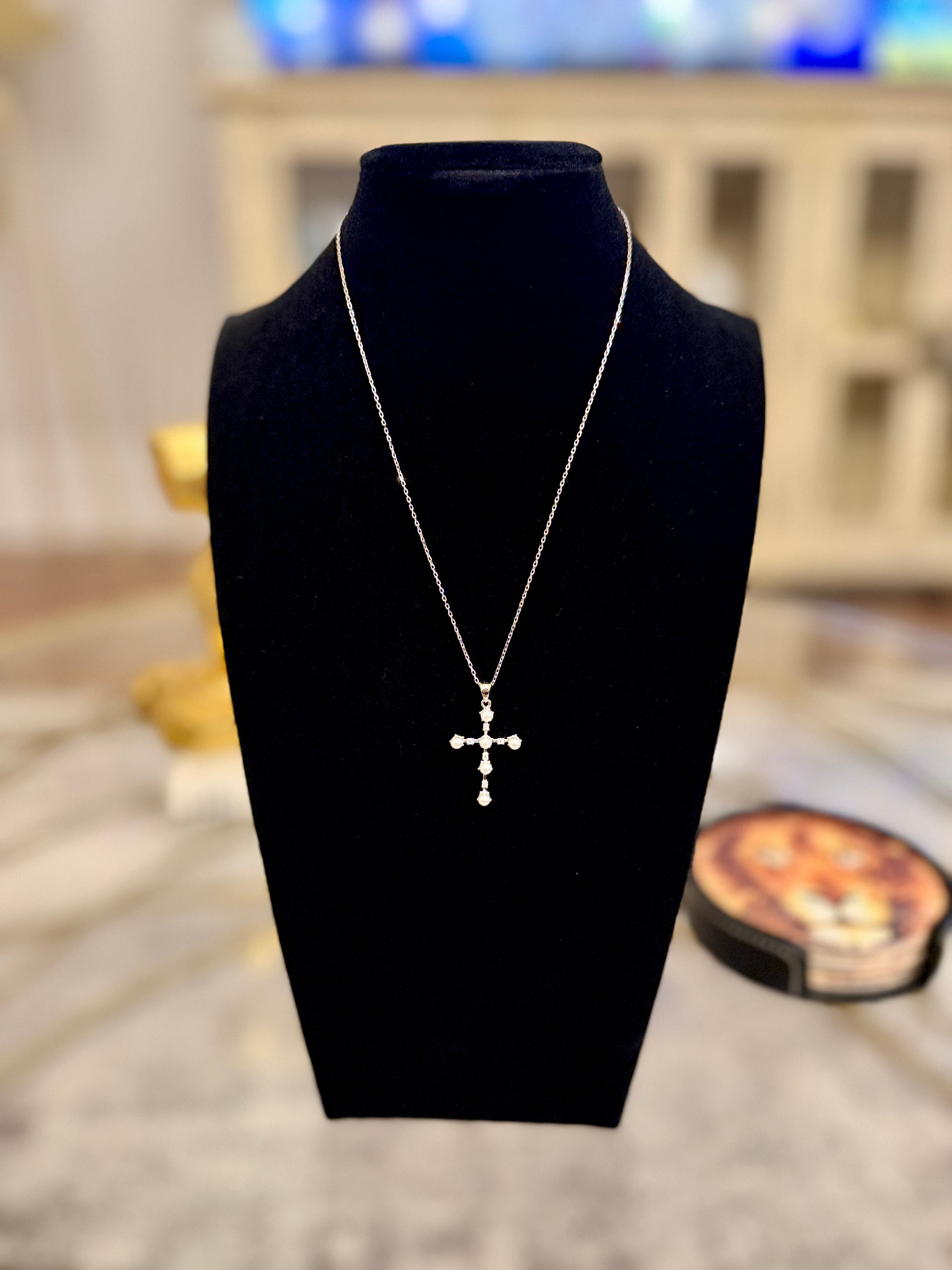 Pearl Moissanite Cross Silver 18” Necklace